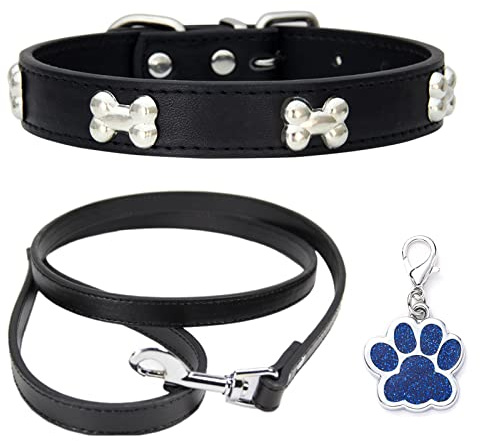 HALFSUMO Hundehalsband Leder Halsband Hundeleine Combo Set Hundehalsbänder Verstellbares Welpenhalsband für Kleine Mittelgroße Hunde Katzen Schwarz M