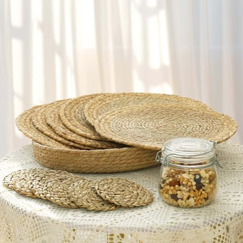 AHHFSMEI Round Woven Placemats Set of 6,13 inches Natural Water Hyacinth Farmhouse Hand-Woven Place Mats Braided Rattan Table Mats for Dining Table (Water Hyacinth)