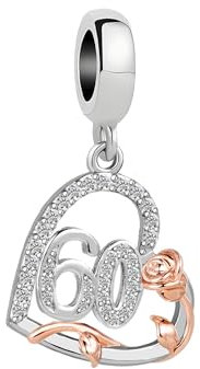 ZakiaHo Rose Flower 60 60th Birthday Charms for Bracelets Love Heart Charm Beads Womens Christmas Gifts for Grandma Compatible with Pandora Bracelets Necklaces