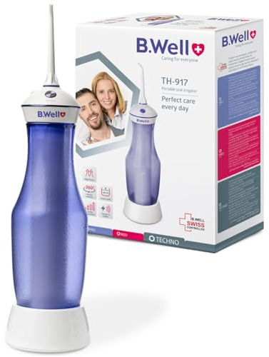 B.Well Swiss tragbare und kabellose Munddusche TH-917, 4 Betriebsmodi inkl. individuellem Modus, 280-ml-Wassertank, 2 Düsen mit 360°-Rotation, Induktionsladung und bis zu einem Monat Akkulaufzeit