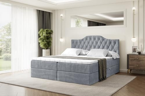 ALTDECOR Boxspringbett mit Matratze und Lattenrost, Boxbett, Topper, Polsterbett mit Bettkasten, Bett mit Stauraum H4-Matratze, Doppelbett, Springboxbett - Vila-1-180x200 - Grau Samt