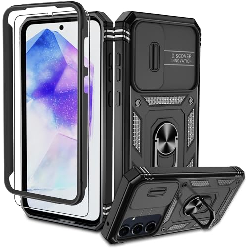 Pilaru Samsung Galaxy A55 Hülle, A55 5G Kameraschutz Handyhülle mit 1 Stück Schutzfolie, 360° Drehhalter Ring Schutzhülle Militär Stoßfest Kratzfest Outdoor Handy Hüllen für Samsung A55-Schwarz