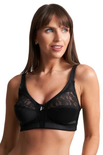 COSHAL® Non-Wired Womens Bralette Floral Lace Non-Wired Firm Control Soft Cup Satin Lace Bra - Women’s Non-Wire Full Cup Non-Padded Underwear Bralette Black 44DD