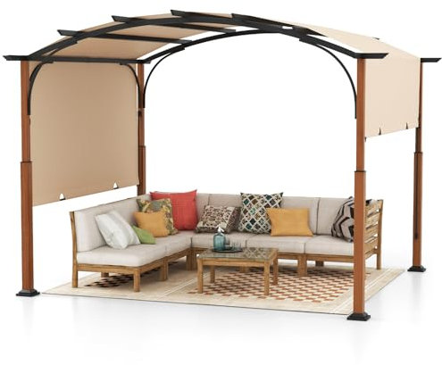 RELAX4LIFE Pergola Retrattile da Esterno 3,6x3M, Gazebo da Patio Arcuata con Tettuccio Regolabile, Chiodi da Terra, Tettuccio per Giardino, Veranda, Spiaggia, Cortile (BEIGE)