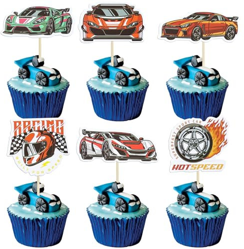 Ephlyn 36Pcs Racing Car Cupcake Toppers Fighting Race Car Cupcake Picks for Baby Shower Racing Sports Theme Baby Shower Birthday Party Cake Decors Supplies
