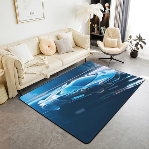 Rennwagen Geschwindigkeit Area Teppich Extreme Sport Wettbewerb Teppich 100Bx150L 3D Automobil Druck Innenbodenmatte Blau Race Auto Dekorative Teppich für Jungen Männer, Cool Mode Home Decor