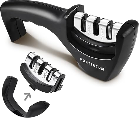 PORTENTUM Knife Sharpener - Professional 3 Stage Manual Sharpener for Sharpening Kitchen Knives - Ceramic Stone, Tungsten Carbide Plates, Diamond rods. Ergonomic Design