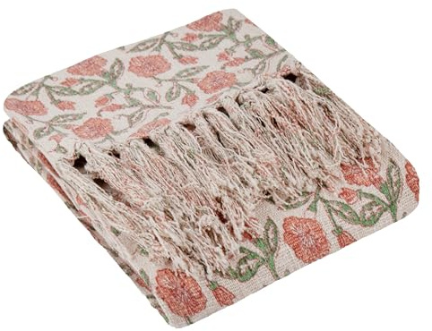 Paoletti Delphine Floral Cotton Throw, Coral, 130 x 170cm