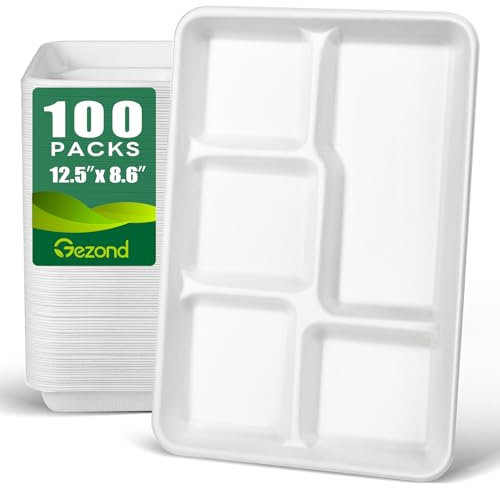 Gezond 100% Compostable 5 Compartment Plates 12.5 * 8.6 Inch, 100 Pack Disposable School Lunch Trays, Eco-Friendly Sugarcane Plates for Party Buffet Lunch Dinner