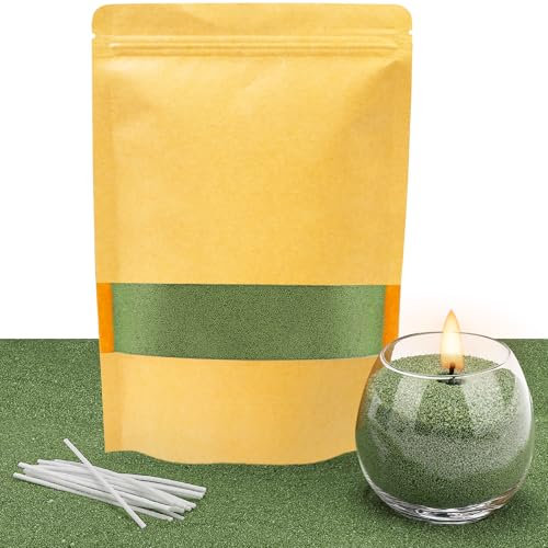 ALLAVA Kerzensand mit Docht, Kerzensand 400g mit 20 Docht 10cm, Perlenkerzen mit 20 Kerzendocht ohne Basis, Kerzen Sand, Pearled Candle, Wachsgranulat für Wachskerze Selber Machen (Grün)