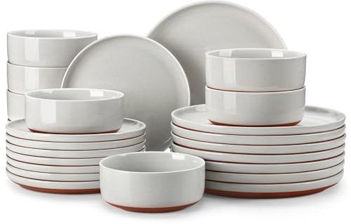 MALACASA Geschirrset 8 Personen, TARA 24-teiliges Modernes Steingut Geschirr Set - Schüssel- und Teller Set, Tafelservice Kombiservice mit je 8 Speiseteller, Dessertteller und Müslischalen - Grau