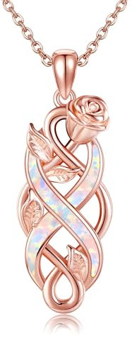 DAYLINLOVE Celtic Knot Necklace With Rose S925 Sterling Silver Irish Celtic Knot Created Opal Pendant Necklace Flower Jewelry Gifts For Women Mom Wife Rose Lovers