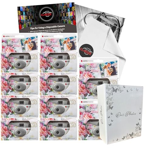 Disposable Camera Bundle with 10 x AGFAPHOTO LeBox Wedding 27 EXP Disposable Cameras, Photo Album, Clikoze Photography Tips Card & Camera Lens Cloth