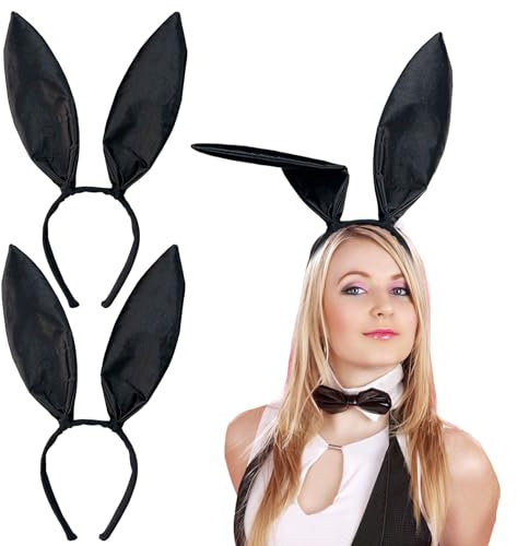 UILYNIU 2 Stück Schwarz Hasen Haarreif mit Hasenohren Stirnband für Frauen Sexy Hase Ohren Haarbänder, Oster Hasenohren, Bunny Zubehör Tier Kostüm Set für Oster Halloween Mottopart Karneval Party
