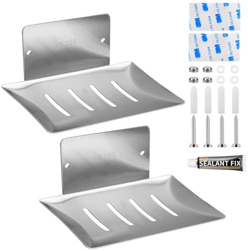 SupRovare Soap Dish Holder, 2 Pack Stainless Steel Shower Soap Holder, Shower Soap Dishes Tray Sink Sponge Holder for Kitchen and Bathroom, Wall Mounted/Self Adhesive, Silver