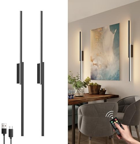 Aipsun Kabellose LED Akku Wandleuchte mit fernbedienung, 10000mAh USB-C Wiederaufladbare Wandlampe Schwarz 80CM, 6W Moderne Schlafzimmer Wohnzimmer Wandleuchte, Drei Farbtemperaturen (2 Stück)
