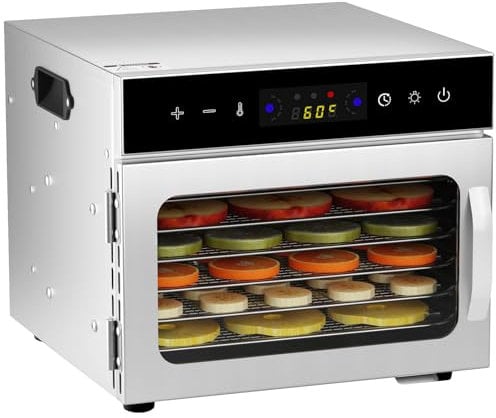 6Tray Stainless Steel Food Dehydrator,LED Touch Control Design,Adjustable Digital Temperature 30-90°C and 24 Hour Timer,Fruit Dryer Machine for Fruit, Veg, Meat & More