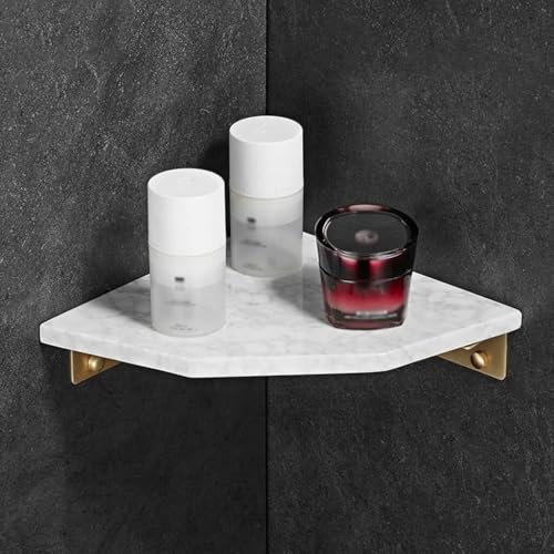 Nordic Eck-Duschregal aus Kupfer – dreieckiges Badezimmer-Regal aus natürlichem Marmor, Wandmontage, 2-lagiges Aufbewahrungsregal für Kosmetik und Shampoo (Weiß, 1 Schicht)