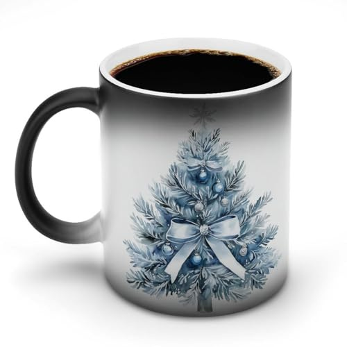 Jubonexis Kaffeetasse mit Weihnachtsbaum-Farbwechsel, Keramik, 325 ml, Blau und Silber