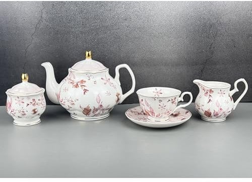 fanquare 21 Stück Britische Porzellan Teeservice mit Gold Rand, Rosa Herbstblätter Blumen Kaffeeservice für Frauen Tee Party, 6 Teetasse und Untertassen für Kaffee nach Hause Hochzeit