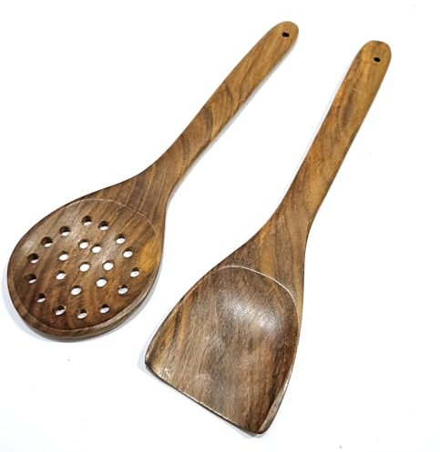 Cuchara de servir ranurada de madera hecha a mano, utensilio de cocina rústico con agujeros de drenaje