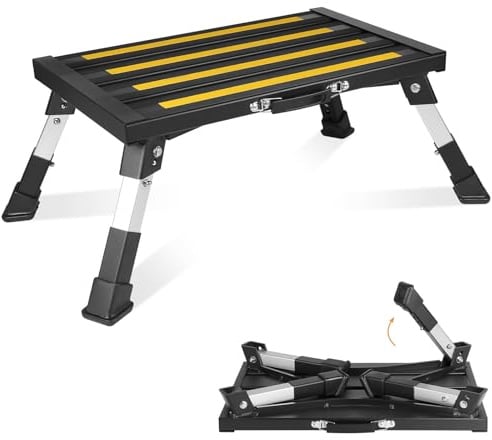 DBREAKS Aluminium Tritthocker Klappbar Höhenverstellbar bis 300kg Schwarz | 1 Stufe Arbeitsplattform Klapptritt Anti-Rutsch-Stufe, Leicht, große Belastbarkeit, für Camping, Küche, Wohnmobil, Wohnwagen