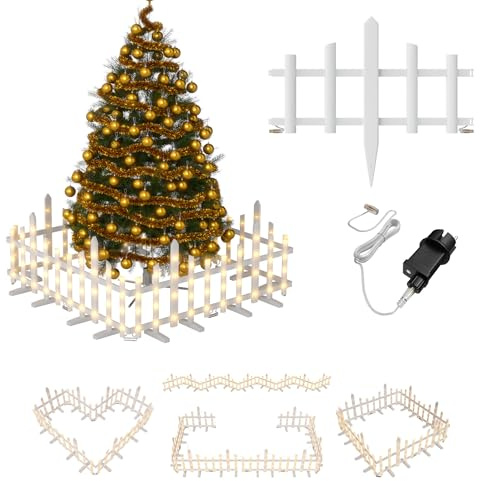 UISEBRT Weihnachtsbaumzaun mit Beleuchtung,Warmweiß Beleuchteter Zaun mit 8 Lichtmodi,IP44 Wasserdicht Gartenzaun Weihnachtsdeko für Weihnachtsbaum un Garten,Innen & Außen,Wellenform 1.75M