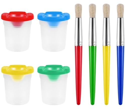 Vobumix with Lids, 4 Set Spill-proof Paint Cups with Paint Brushes and Lids Non Spill Paint Water Pots for Kids Beginner Painters