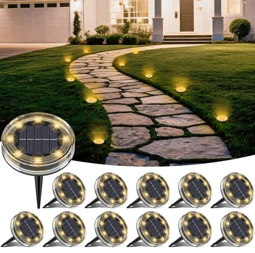LOTMOS Lot de 12 Lampe Solaire Au Sol, 8 LED Lumiere Solaire Exterieur Jardin IP68 Étanche, Spot Solaire Extérieur pour Chemins Pelouse Terrasse Allée Cour Piscine Passerelle, Blanc Chaud