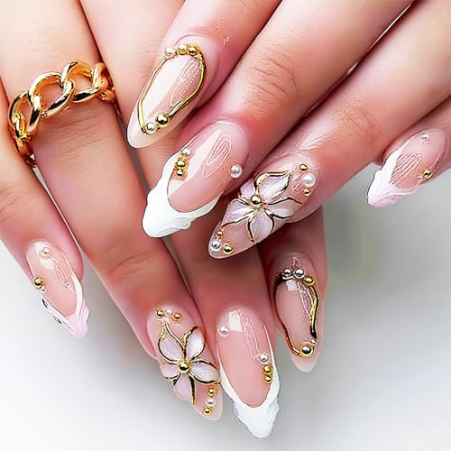 Bubaxuce Mandel Druck Sur Ongles Faux Ongles Français Avec Design 3D Fleurs Perles Bandes Dorées Irrégulières Conseils Ongles Artificiels Moyens À Coller