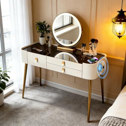 Vanity Makeup Table 100CM Glass Top Dressing Table with Mirror, White Makeup Desk with Bluetooth Speaker Vanity Table Set with Wireless Charging Vanity Desk (White Gold, Brown Glass Top, 100CM)