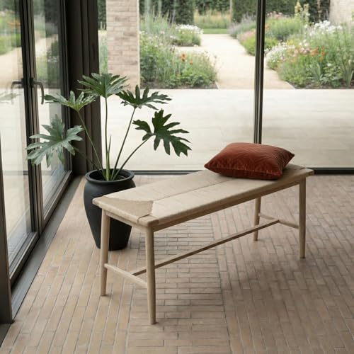 Furnhouse Banco Prime de 110 cm, madera maciza de roble, cuerda de papel, barnizado en blanco natural, diseño escandinavo para comedor y pasillo
