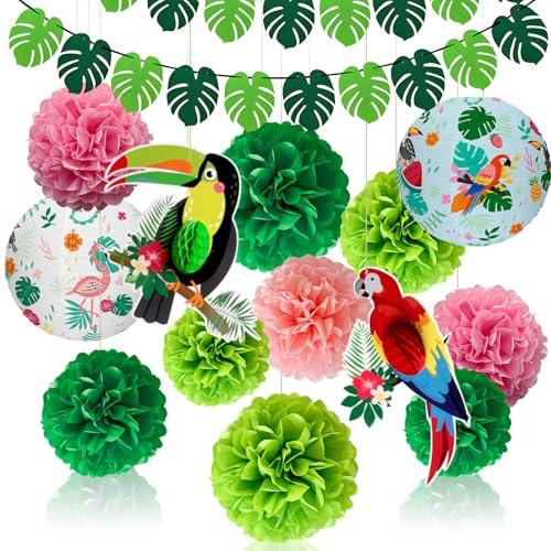 Ezydka Hawaii Party Geburtstag Deko Set, Beachparty Sommerparty Deko | Papagei Tropical Geburtstag Deko mit Papierlaternen, Papagei girlande, Banner, Seidenpapier Pompons