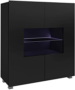 Mirjan24 Kommode Calabrini BR01 mit 2 Türen, Sideboard, Anrichte, 100x107x35 cm, Highboard, Mehrzweckschrank, Wohnzimmer (Schwarz/Schwarz Hochglanz, mit Blauer LED Beleuchtung)
