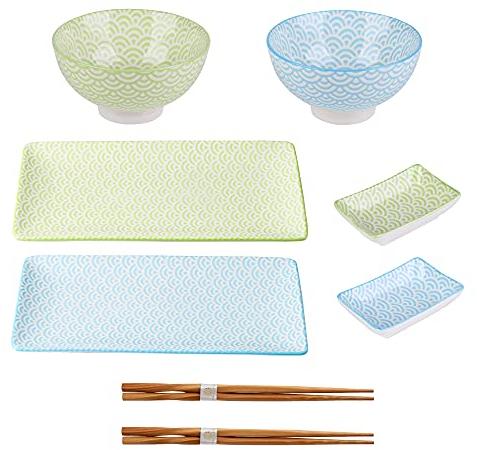 vancasso Serie NATSUKI Vajillas de Sushi Japonés 8 Piezas, 2 Platos para Sushi, 2 Cuencos, 2 pequeños Platos de Salsas, 2 Pares de Palillos, con Caja de Regalo