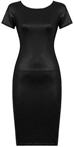BODYWEAR LTD Ladies Wet Look Short Sleeve PU Womens Bodycon Midi Faux Leather Dress (M/L) Black