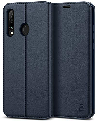 BEZ® Coque pour Huawei P30 Lite, Etui Housse pour Huawei P30 Lite en Cuir Premium Flip Case Portefeuille, à Rabat avec Porte-Cartes de Crédit, Fermeture Magnétique, Bleu