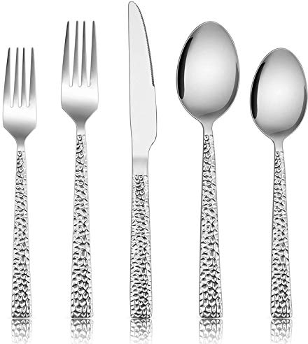 E-far Juego de cubiertos martillados de acero inoxidable de 40 piezas para 8 personas, juego de cubiertos de metal que incluye cuchillos, tenedores, cucharas, diseño moderno y pulido espejo, apto para