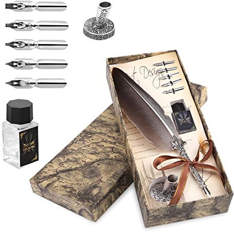 Schreibfeder Kalligraphie Feder Set und Tintenfass Hogwarts Stempel Füller Pen Antike Federkiel 6 Edelstahlspitzen Federhalter Vintage Stift Leere Tintenflasche, Grau