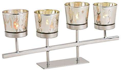 Kerzenständer aus Metall mit 4 Windlichter aus Glas (Silber) Breite 33cm x Höhe 15cm x Tiefe 5cm – Teelichthalter Kerzenhalter