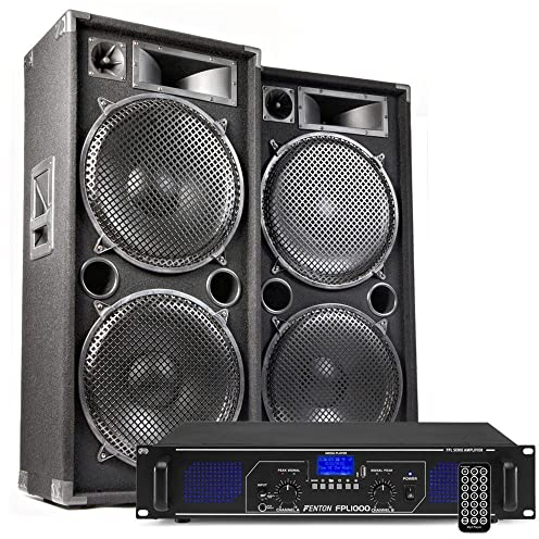 MAX215 PA Lautsprecher Set 4000 W mit Bluetooth Verstärker & 2X 3‑Wege 15″ DJ Lautsprecher, FPL1000 Bluetooth Verstärker mit USB/SD Player & Fernbedienung, inkl. Kabel - Plug & Play Musikanlage
