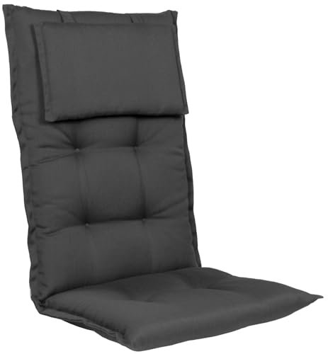 Homeoutfit24 Gartenstuhlauflagen Hochlehner – 4er Set – Extra Dick 8 cm – Mit Kopfpolster – Oeko-TEX – UV-beständig – Anthrazit – Made in EU – Outdoor Auflagen für Gartenstühle