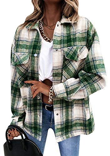 EFOFEI Damen Elegant Kariert Revers Outwear Mode Leichte Hemd Jacke Button-down Freizeit Blusenshirt Turnup Checked Hemd Grün M