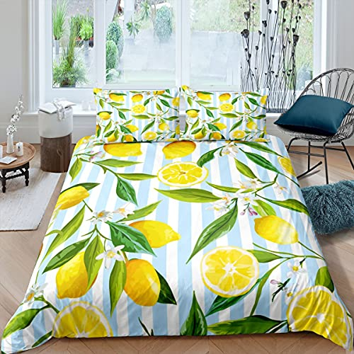 Gelbe Zitrone Bettwäsche-Set Freash Lemon Fruits Grüne Blätter Bettwäsche Set 155x220cm Blaue weiße Streifen Betten Set für Kinder Jungen Mädchen Teenager 2St.Reißverschluss Mikrofaser