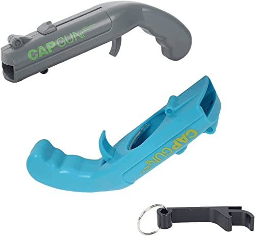 2 Pack Beer Bottle Opener Cap Gun - Beer Bottle Cap Launcher Bottle Opener, Novelty Bottle Cap Gun Bottle Opener for Shooting Game, Bar, Party , with Bottle Opener Keyring (Gray+Blue)