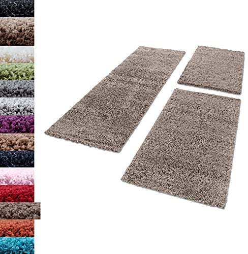 Carpettex Bettumrandung Schlafzimmer 3teilig Shaggy Teppich Hochflor Einfarbig Taupe Bettset:2 mal 80x150 + 1 mal 80x250 - Bettvorleger Schlafzimmer Läuferset Weicher Flauschig Bettumrandung Teppich