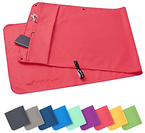 Fit-Flip Fitness Handtuch - mit Magnet und Reißverschluss Tasche - Gym Handtuch aus Mikrofaser für Sport und Fitness - Kompakt & Schnelltrocknend - Sporthandtuch Fitnessstudio - Koralle - 130x48cm