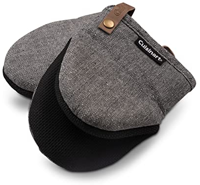 Cuisinart Mini Mitt Oven Mitts Set of 2 - Grey Oven Mitts Heat Resistant, with Non Slip Neoprene, Faux Leather Hanging Loop and Charcoal Grey Herringbone Exterior