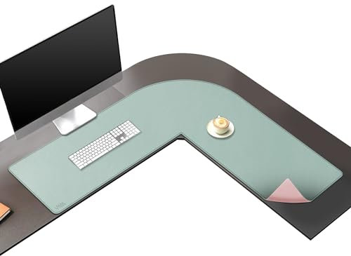 Vyaaa L Shaped Desk Mat, (39.4+ 39.4) x 13 PU Leather Corner Desk Mat, Reversible L-Shape Desk mat, XL Gaming Mouse Pad for Computer, Gaming, Writing, Home and Office, (Green and Pink)