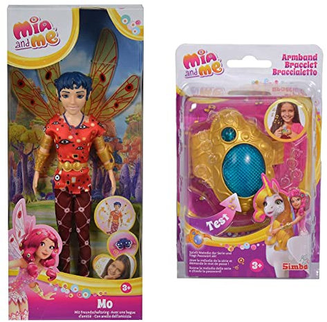 Simba 109480091 - Mia an Me Ankleidepuppe Mo, Elfe mit beweglichen Flügeln und Beinen & 109480101 - Mia und Me Armband, magisches Einhorn-Armband zur Serie